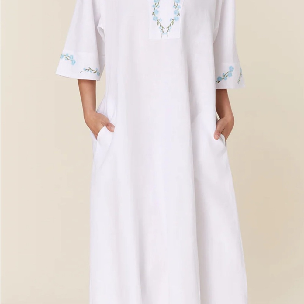 NWT Fanm Mon x Andie Linen Kepez Kaftan Dress White Breezy Resort Wear - Picture 5 of 14